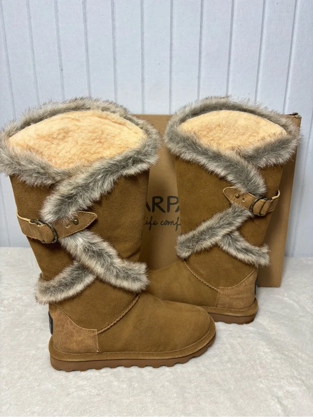 BearPaw Chestnut Suede Faux Fur Trim‎ Tall Boots Size 5
